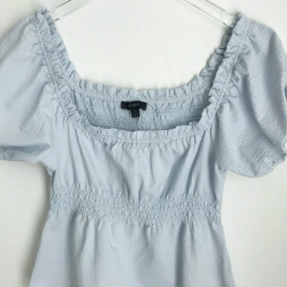 J Crew Seersucker Smocked Top Size S Puff Sleeve Square Neck Serene Blue